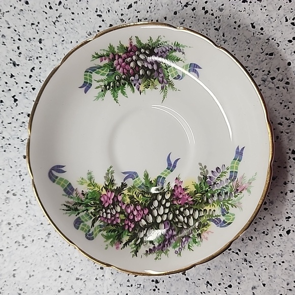 Antique Regency English Bone China Tea Cup and Saucer Tulips and Plaid Ribbon - Picture 3 of 6